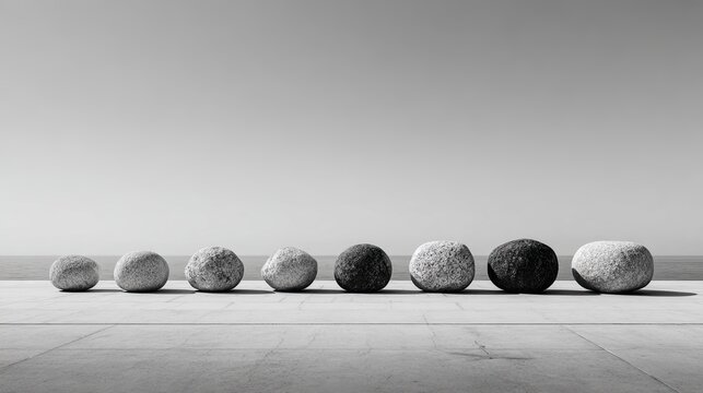 Natural stone shapes arranged in a line on minimalist architecture against a calm ocean backdrop in black and white