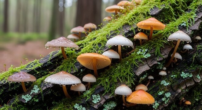 Closeup mushrooms on mossy log with raindrops forest natural fungi detail humid atmosphere serene