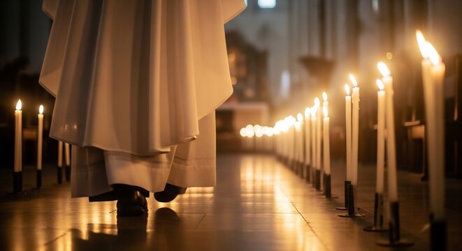 Row of Lit Candles in a Church with Monks Walking.