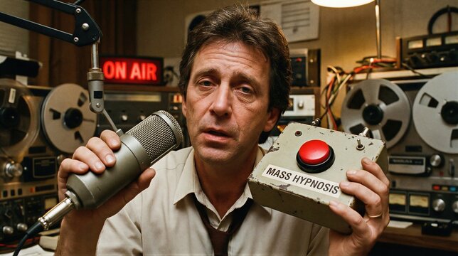 Man radio broadcaster holding microphone and device with red button for mass hypnosis. Psychology manipulation and control concept. Vintage broadcast studio equipment with tape recorder.