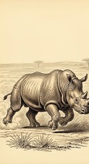 Fototapeta premium Detailed engraving depicts a large rhinoceros charging across a dry savanna landscape
