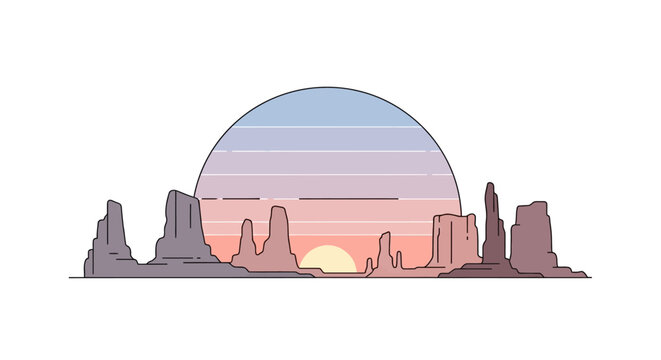 Sunset behind rocky desert formations landscape.