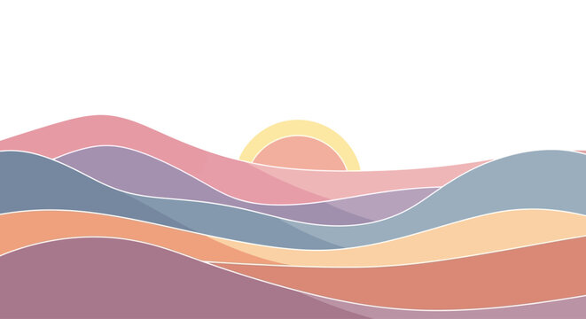 Sunrise over colorful wavy hills landscape.