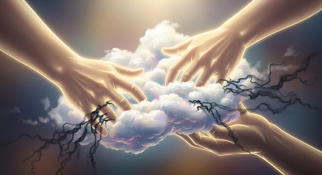 Divine Hands Creating Stormy Clouds with Lightning.