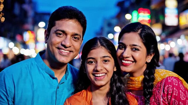 A family of three, two adults and one child, pose together smiling in a vibrant evening street setting with blurred lights