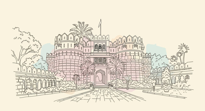 Hand drawn sketch of a historical Indian fort entrance with bastions and palm trees
