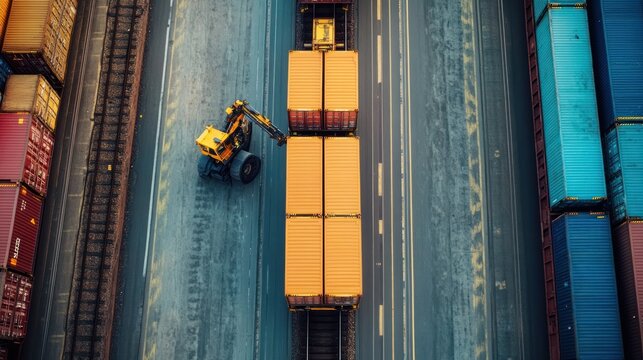 Aerial View: Container Crane Loading Shipping Containers onto Train Cars