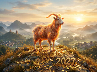 Naklejka premium Chinese New Year 2027 Year of the Fire Goat Prosperity Concept Golden sheep on mountain peak with gold coins at sunrise