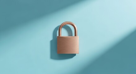 Fototapeta premium Wooden padlock security device with natural grain texture stands on a bright blue background with long diagonal shadows for data privacy concepts