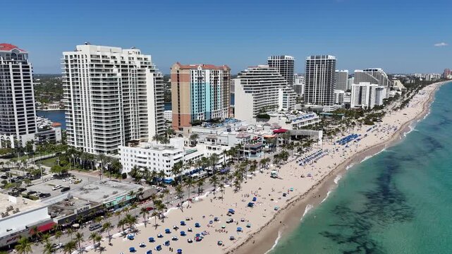 Oceanfront hotel, resorts, and condos lining Ft Lauderdale Beach at the end of Las Olas Blvd in Broward County, Florida. 