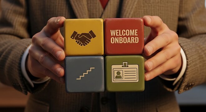 New Employee Onboarding Process with Welcome Cubes and Icons.