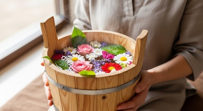 Woman Holding Wooden Bucket Filled with Assorted Fresh Flowers and Herbs.