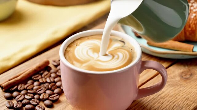 A warm beverage is poured into a pastel pink cup surrounded by breakfast items