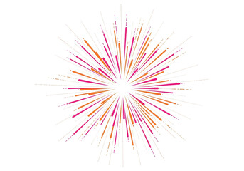 Obraz premium A vibrant stylized pink and orange starburst graphic with radiating lines and dotted trails, emanating from a central white void on a clean background with copy space. Concept of joyful dynamism and