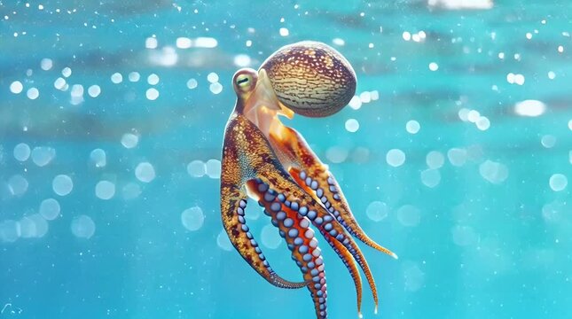Curious octopus with vibrant colors explores a mesmerizing underwater world filled with bokeh lights and orange sea urchins creating an enchanting marine scene