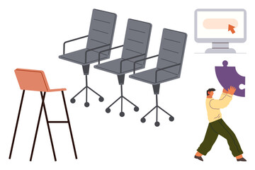 Fototapeta premium Collaboration, teamwork, office organization, problem-solving, digital interaction, innovation. Three rolling chairs, a stool a screen and a puzzle piece. Teamwork and collaboration concepts