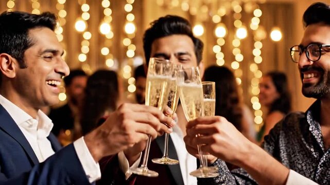 Three men smiling and clinking champagne glasses together at a festive event