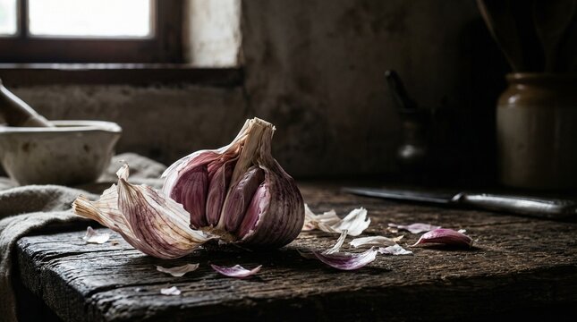 Purple garlic bulb with loose skin on dark background