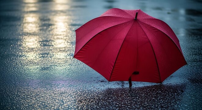A vibrant red umbrella shielding against a rainy day's downpour on a reflective surface. ombrelli