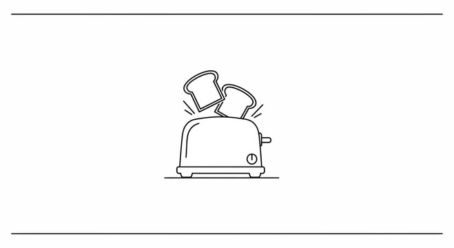 Minimalist line art illustration of a toaster with bread slices popping out for a fresh breakfast