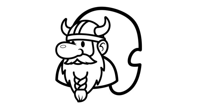 Charming black and white cartoon Viking character illustration with horned helmet and braided