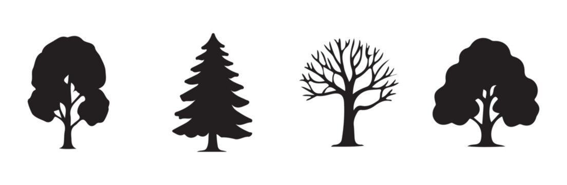 Four silhouette vector images showing different types of trees for landscape design elements