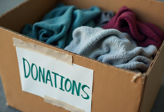 Cardboard box filled with clothes for donation