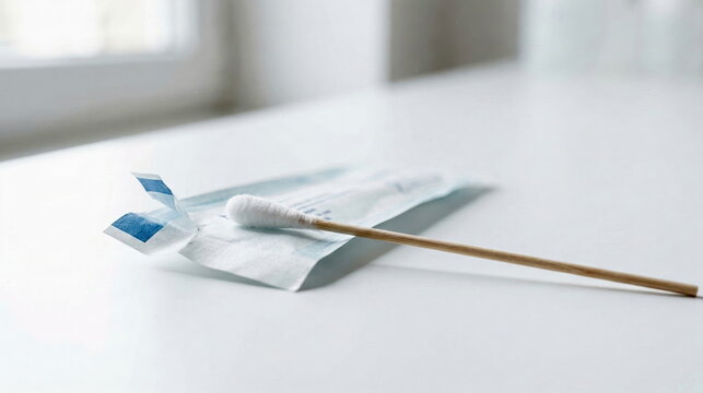 A sterile medical cotton swab on its opened packaging, symbolizing diagnostic testing, health awareness, and disease prevention in a clean healthcare setting.