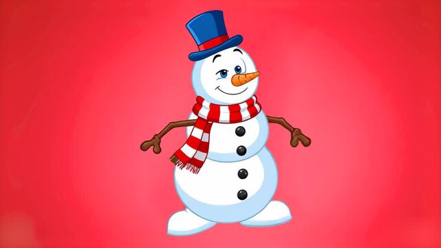 A cheerful 3D-style snowman wearing a blue top hat and a striped red and white scarf against a festive red background. Perfect for holiday greetings, winter promotions, and Christmas-themed motion gra