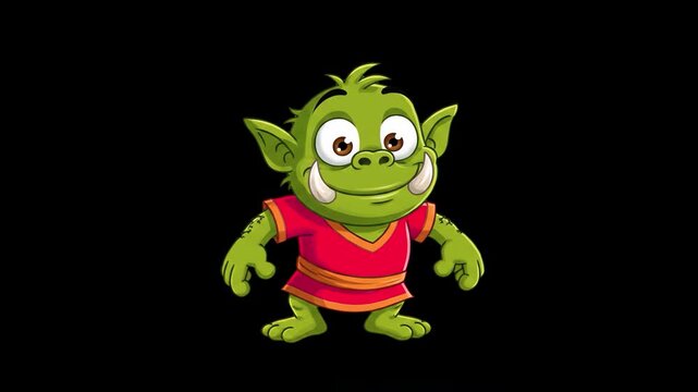 A friendly 2D cartoon green goblin or orc character wearing a red tunic with yellow trim, smiling and standing completely in place against a pitch-black background. Designed for fantasy game sprites, 