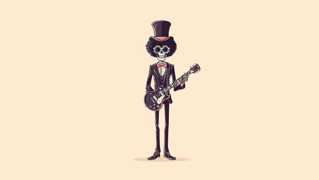 Charming animated skeleton character in a dapper top hat and suit, skillfully playing an electric guitar, creating a unique and entertaining musical performance illustration