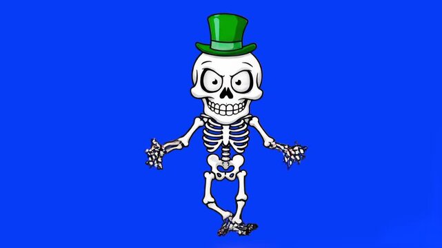 A charismatic 2D animated skeleton character with a green top hat performs an energetic dance with leg kicks against a solid blue chroma key background.