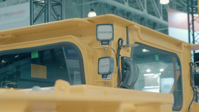 Powerful square LED lights on construction equipment that operates in hard conditions and requires high lighting. Closeup. Shot in motion 