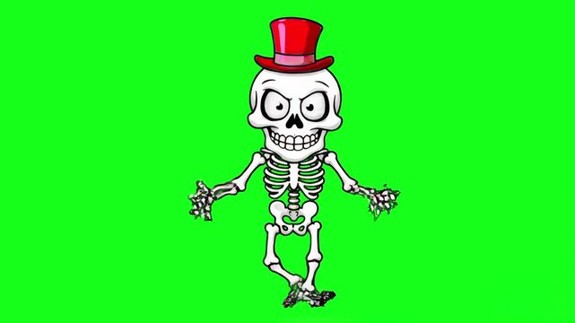 A detailed 2D animated skeleton character wearing a red top hat performs a coordinated bone-clattering dance routine on a bright green chroma key screen.