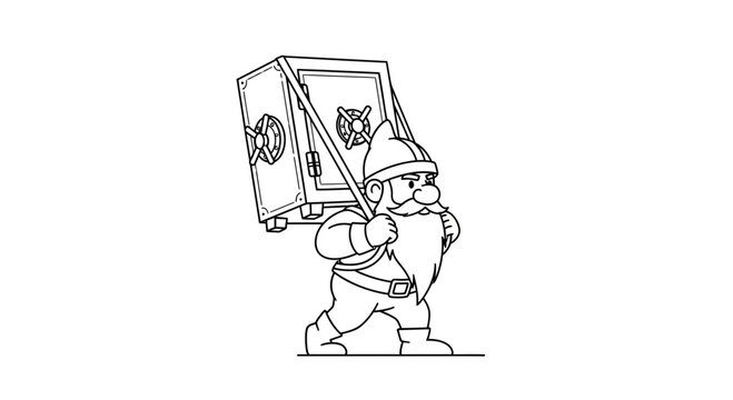 A determined cartoon gnome illustration meticulously carrying a heavy security safe on his back