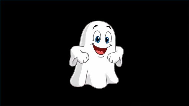 A cheerful 2D animated ghost character with a large grin floats and performs an ethereal dance with waving arms against a solid black background.