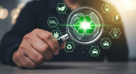 Fototapeta premium Person holding a magnifying glass analyzing green recycling and sustainability icons for environmental conservation and corporate social responsibility in a futuristic digital world concept