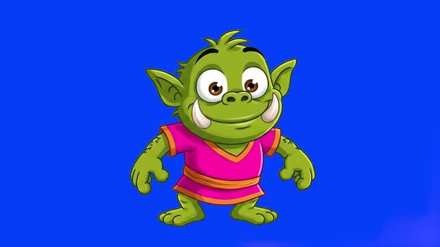 A playful 2D vector animation of the green orc character in a pink shirt performing a lively dance jig against a solid blue chroma key background