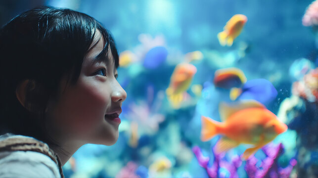うっとりとした表情で水族館の魚を見つめるアジア人の女の子の横顔