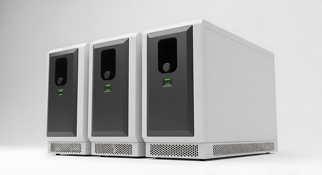 Three white uninterruptible power supply ups units with black front panels and green led status lights stand in a row in a minimalist studio
