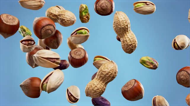 A mix of peanuts, pistachios, and hazelnuts falling through a clear blue space. This 3D motion graphic is perfect for food industry content, healthy snacking themes, and nutritional advertisements.