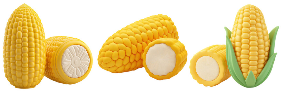 Vibrant 3d Pastel Yellow Corn Cobs and Cut Sections Isolated
