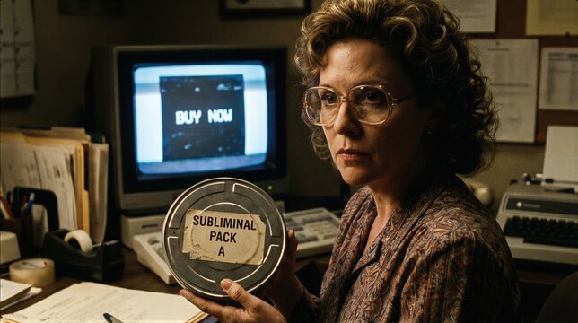 Woman holding film reel with subliminal message in office. Marketing and mind control simulation. Consumer brainwashing experiment through hypnosis tapes and retro computer data screen.
