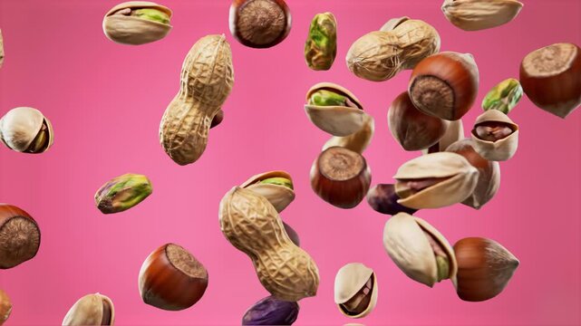 A beautiful 3D food illustration featuring whole peanuts in shells, cracked pistachios, and hazelnuts drifting and suspended mid-air against a solid pastel pink backdrop. Ideal for healthy snack food 