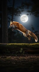 Fototapeta premium Vibrant wild canine leaps across a mossy log under a brilliant full moon in a dark forest setting