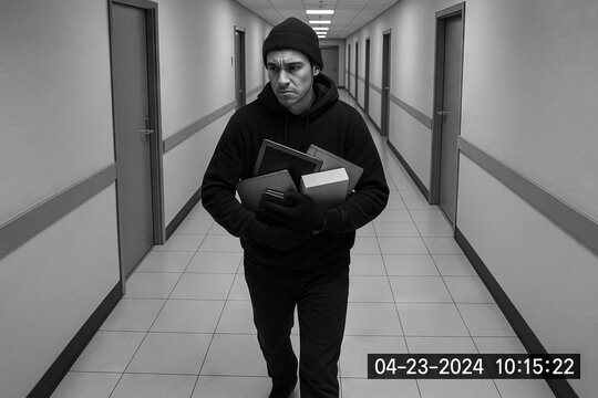 Surveillance footage of man stealing electronics from office corridor captured on security camera. concept of theft detection, indoor surveillance, suspicious activity