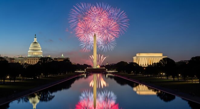 Washington DC National Mall Fireworks Display Over Lincoln Memorial and Capitol Building.