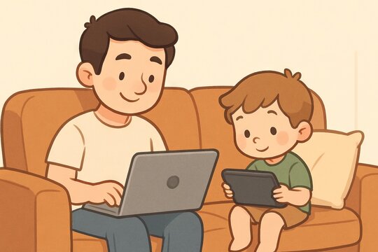 Family bonding with gadgets illustrated concept of modern parenting technology use digital devices family life screen time togetherness home scene