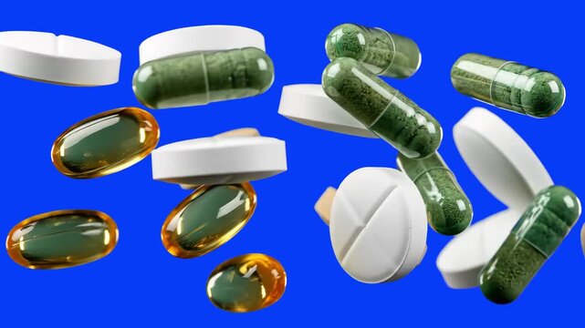 High-quality 3D render of translucent green capsules and solid white tablets falling and spinning in the air. Set against a solid blue studio background, ideal for pharmaceutical commercials, healthca