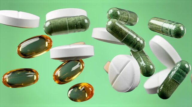 A realistic 3D animation of green herbal capsules, softgel oil pills, and white medical tablets falling through the air. This high-quality pharmaceutical asset on a green background is perfect for hea